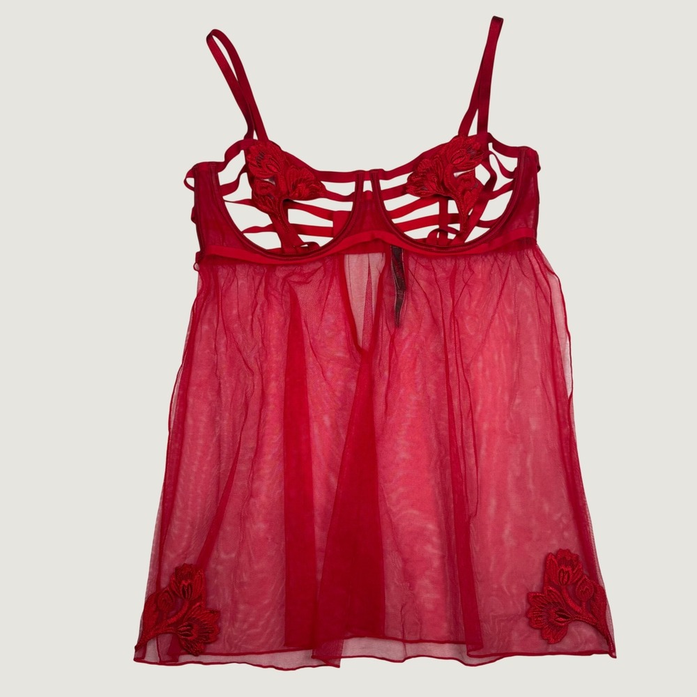 Victoria's Secret Red Mesh Strappy Floral Embroidered Babydoll Lingerie XL